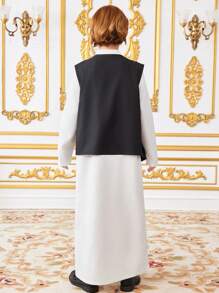 SHEIN Leap Crew 2pcs Tween Boy Middle East Style Solid Color Faux Foil Geometric Pattern Vest And Lapel Half-Open Abaya Set, Suitable For Autumn, Spring, Summer, Outdoor Play, School, Street Photography, Party, Casual Wear - Black and White - View 3