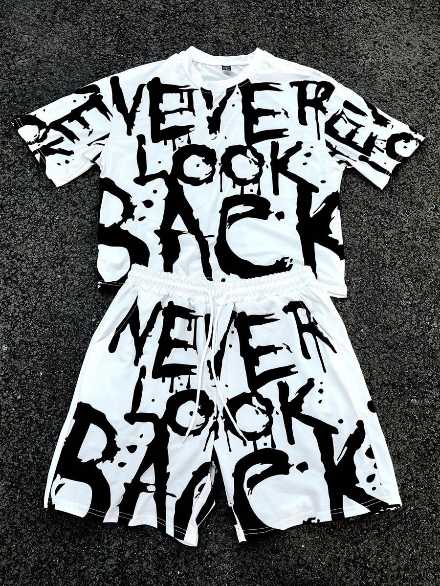 Manfinity EMRG Men's Youthful Street INS Black And White Color Block Oversized Letter Splash Ink Graffiti Digital Print Short Loose Fit Round Neck T-Shirt And Shorts Set , Men Two Pieces Outfits ,Rapper