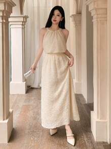 DAZY 女士 2 件纯色无袖上衣和裙子套装，简约休闲日常穿着 - 白色 - 查看 8