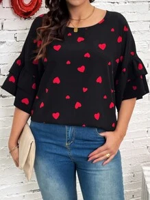 SHEIN CURVE+ CURVE PLUS /Valentine's Day/Plus Size Valentine's Day Cute Date & Party Red Heart Blouse, For Summer - Black - View 3