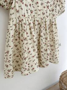 Souflis Souflis Baby Girl Girl 0-3 Years Old Casual Holiday Ditsy Floral Printed 100% Cotton Double Gauze Fabric Soft Comfy Textured Puff Sleeve Long Dress, Apricot & Cream - Apricot - View 5