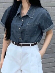 DAZY Women's Plain Denim Lapel Short Sleeve Blouse, Spring/Summer - Dark Wash - View 1