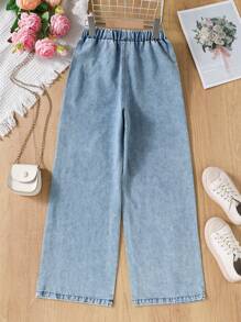 Girls Casual Butterfly & Letter Print Denim Jeans, Versatile For Daily Wear, Spring/Summer/Autumn - Blue - View 2