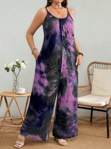 SHEIN LUNE Combinaison ample décontractée avec imprimé tie-dye et poches, sans manches pour l'été, grande taille