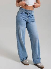 EURMUSE HIGH RISE STRAIGHT BLUE JEAN WITH BELT - Medium Wash - View 1