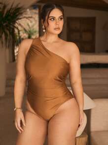 Swim Chiccia 1pc Plus Size Elegant Pleated Solid Color Shiny Fabric Adjustable Strap One-Piece Swimsuit, For Summer Beach - Gold - View 5