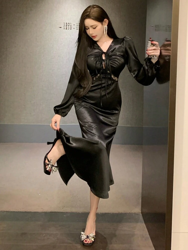 V-Neck Lace Patchwork Waist Midi Dress For Women Prom Dress,Fall Dress Long Sleeve Dress Elegant Women Dresses