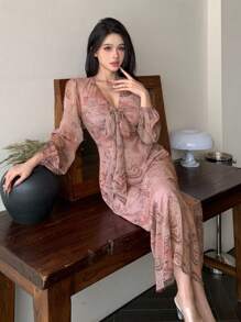 DAZY 女士碎花V领系带开衩中长连衣裙，宫廷风，荷叶边，秋季长袖连衣裙，复活节 - 粉色 - 查看 10