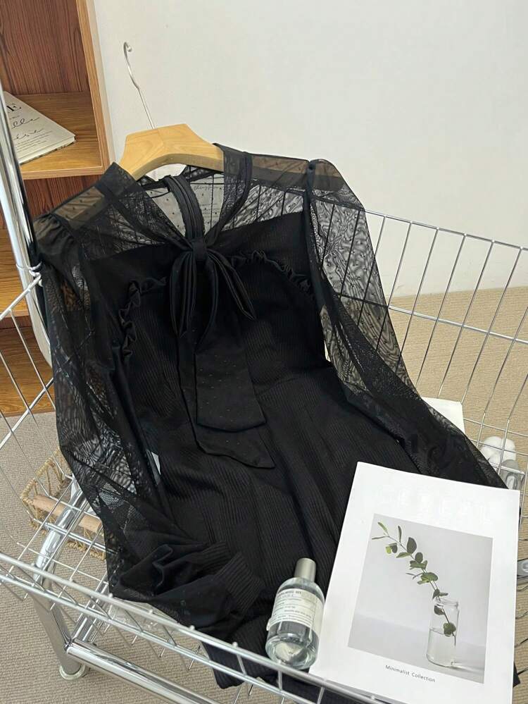 Women's Mesh Paneled Lace-Up Wrap Mini Dress, Spring/Fall Party Women Dresses Milkmaid Dress,Back To School Clothes Long Sleeve Dress