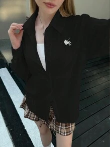 INAWLY Plus Size Women's Knight Print Long Sleeve Single Breasted Casual Shirt
