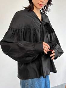 FRIFUL Women's Casual Bowknot Loose Blouse Long Sleeve Top