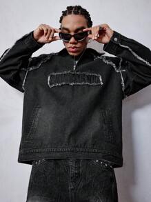 ROMWE MEN Street Life Men's Embroidered Loose Fit Denim Jacket - Black - View 1