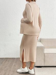 SHEIN Collared Solid Top And Adjustable Waist A-Line Skirt Maternity 2 Pieces Set - Khaki - View 2