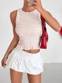 Flirla Cute Polka Dot Pleated Elastic Hem Ruffle Decor Round Neck Slim Fit Sleeveless Tank Top - White - View 4