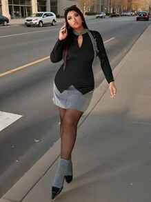 Calvaya 春季大码交叉前开半扣修身长袖T恤，黑色 - 黑色 - 查看 4