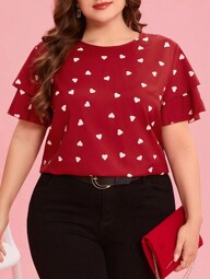 SHEIN Clasi Curvy Plus Size Women's Heart Printed Round Neck Ruffle Sleeve Casual Shirt,Valentine's Day,Vacation Outfits Woman,Valentines Clothes,Heart,Lover,Going Out Tops Women,Business Casual Woman,Summer,Cute Shirts,Office