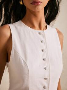 Poéselle Summer Linen Vest And Skirt Two-Piece Set For Women, Old Money Style Sleeveless Buttoned Top, Beach Skirt, Women's Pencil Skirt, White Two-Piece Set, Casual Wear, Comfortable Fabric, Breathable And Soft, Office Women's Clothing, Daily Vacation Wear, Beach Vacation Clothing