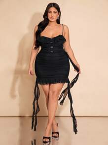 SHEIN BAE 1. Plus Size Women Black Ruffle Trim Short Dress, Sexy Bodycon Dress, Mesh Ruffle Trim Dress, Elegant Fitted Dress, Valentine's Clothes, Office Women Outfits, Sexy Red Dress, Spring Women Outfits, Valentine's Women Outfit, Valentine's Gift, Short Dress, Easter Girls Dresses, Carnival Brazil, Princess Girls Dress, Bachelorette Party, Western Women Dress, Y2K, Back To School Dress, Easter Women Outfit