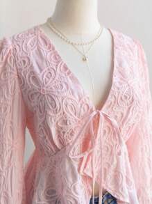 Soleia Blusa donna con scollo a V, maniche a sbuffo, orlo con volant, in tessuto lavorato a maglia rosa, adatta per vacanze, San Valentino, estate, compleanni, Mardi Gras e altre occasioni - Rosa - Visualizzare 3