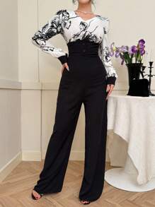 DAZY Mono con pierna ancha de rayon con estampado floral y contraste de color para mujer