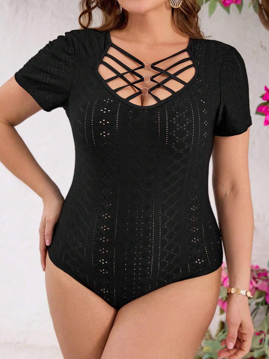 SHEIN Clasi 大码交叉领提花黑色紧身衣 - 黑色 - 查看 1