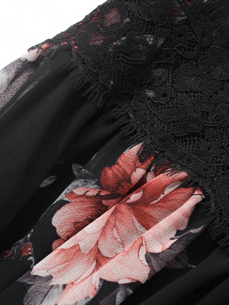 Rose Print & Lace Patchwork Mid-Length Women Dress Floral,Fall Dress Long Sleeve Dress Easter