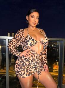 SHEIN X Sofía Suescun Swim SXY 大码豹纹印花三件套比基尼套装，夏日海滩 - 彩色 - 查看 3