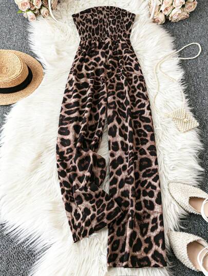 SHEIN Unity 女士大码露肩褶饰豹纹连体裤，夏季