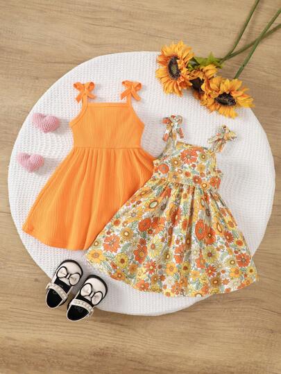 SHEIN 2pcs Baby Girls' Casual All-Match Versatile Cute Ditsy Floral Daisy Printed Strap Dress, Suitable For Spring/Summer Festivals, Birthday, Outdoor Activities, Lounging, Vacation