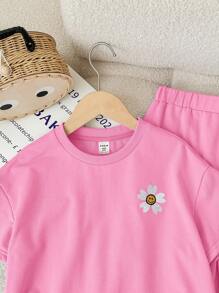SHEIN Tween 女童休闲针织圆领短袖上衣和直腿裤套装 - 西瓜粉 - 查看 3