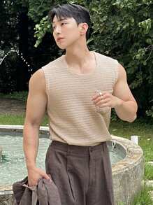 SHEIN X Scheana DAZY Men's Khaki Textured Fabric Summer Vacation Knit Vest