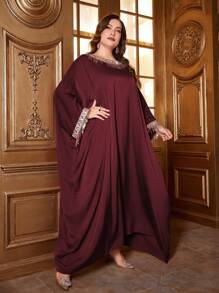 Al Najma Plus Size Elegant Sequin Tassel Decor Batwing Sleeve Arabic Style Dress, Modest Kaftan - Burgundy - View 6