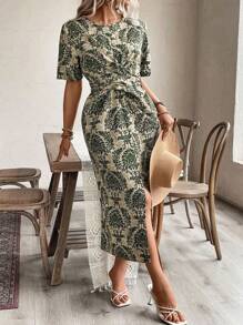 SHEIN Clasi Plus Size Women Twist Knot Plant Print Dress For Summer - Green - View 3