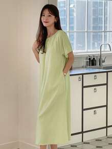 DAZY 休闲长款优雅淑女短袖连衣裙太阳裙 - 綠色 - 查看 6