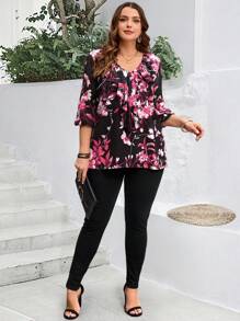EMERY ROSE Plus Size Women 3/4 Sleeve Floral Printed Blouse, Ruffle Top, Early Spring And Summer Outfits For Women