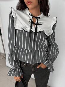 SHEIN Essnce 女士休闲冬季条纹拼接白色纯色荷叶边衬衫和领带系带前褶休闲长袖衬衫度假衬衫新年女装新年前夜，新年前夜 - 彩色 - 查看 3