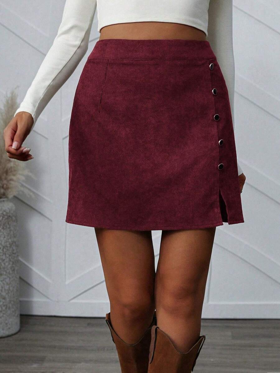 Calvaya Plus Size Women Solid Color Buttoned Side Split Hem Short A-Line Skirt, For Christmas, Winter Burgundy Corduroy Women