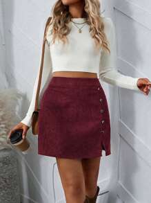 Calvaya Plus Size Women Solid Color Buttoned Side Split Hem Short A-Line Skirt, For Christmas, Winter Burgundy Corduroy Women