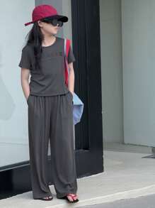 Dazy Kids 2 件套青少年女童标语印花短袖上衣和长裤套装，女童夏季服装，返校服装 - 灰色 - 查看 4