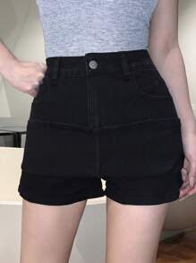 DAZY 女士紧身口袋短款黑色牛仔迷你裙，休闲牛仔裙 - 黑色 - 查看 3