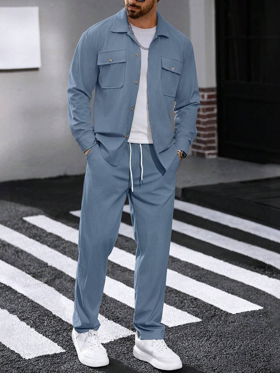 Manfinity CasualCool 2 件套灯芯绒长袖男士工作衬衫套装 - 藍色 - 查看 1