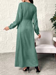 Al Najma 女式圆领长袖单排扣侧结阿拉伯风格连衣裙，端庄 - 綠色 - 查看 4
