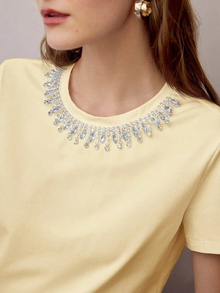 MOTF PREMIUM RHINESTONE DETAIL BOXY T-SHIRT - Yellow - View 2