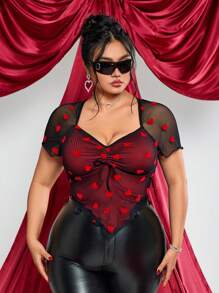 SHEIN ICON Plus Size Valentine's Day Heart Mesh Asymmetrical Hem T-Shirt - Multicolor - View 2