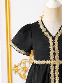 SHEIN Young Girl Patchwork Ribbon Trim Party Dress - Black - View 8