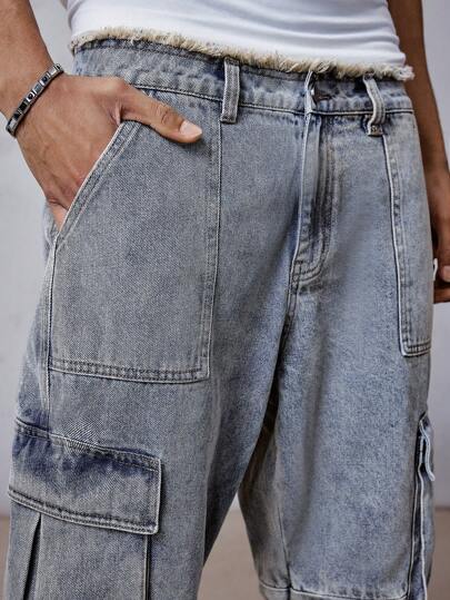 Grunge Punk Men's Cargo Pockets Loose Fit Casual Jeans