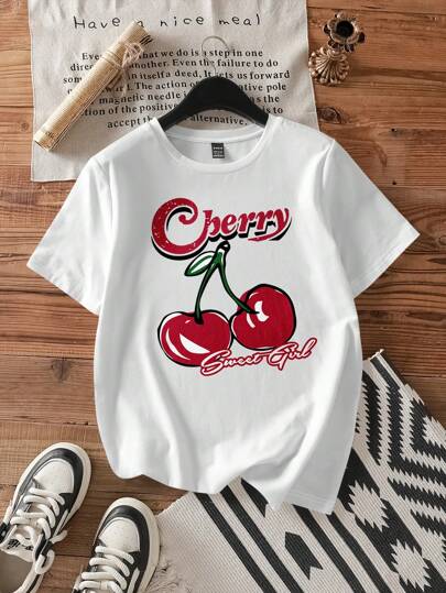 Attitoon Casual Cherry Print White Round Neck Short Sleeve Fitted Women T-Shirt, Cotton Blend, Suitable For Summer