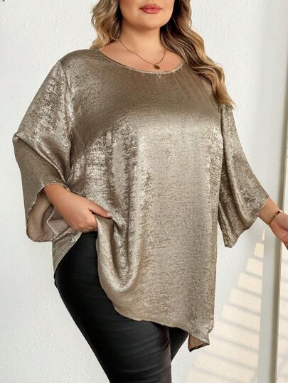 SHEIN CURVE+ Plus size kvinnor solid metallisk rund hals 3/4 ärm lös asymmetrisk fåll Elegant blus, termiska vinterdräkter, julkläder för kvinnor, långärmad klänning, julklänning för kvinnor, guld-minikjol, guldkjol, tacksägelseklänning, nyårsaftonklänning, semester