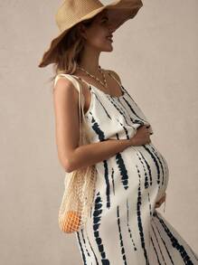 SHEIN Boho Pregnant Women's Tie-Dye Spaghetti Strap Dress With Waist Belt And Side Slit, Skin-Friendly Summer Maternity Dress