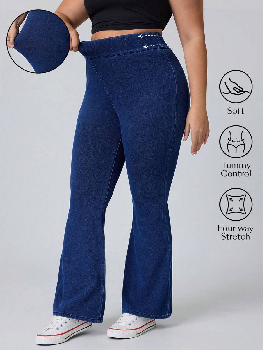Flexra Plus Size High Waist Slim Fit Stretchy Knit Denim Apple Bottom Jeans Flare Leg Jeans